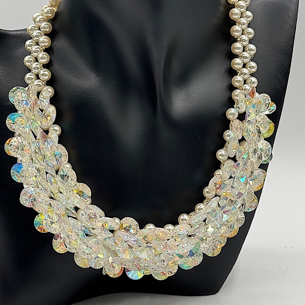 Vintage Aurora Borealis Crystal & Pearl Necklace
